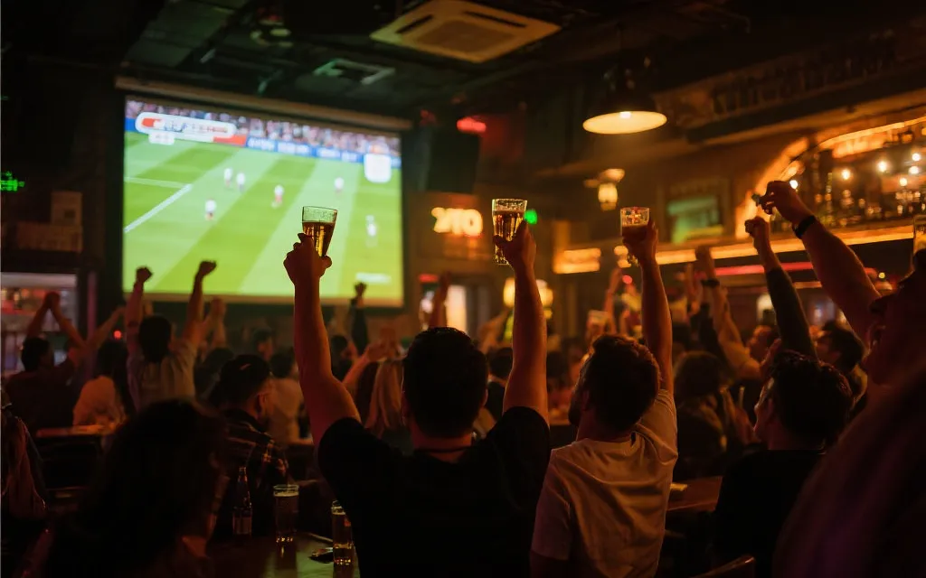 酒吧投屏观赛氛围：大屏、观众举杯、暖色灯光与运动激情